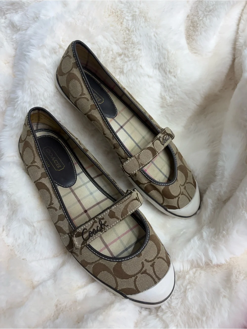Coach Women Signature Canvas Mary Jane Flats with White Toe